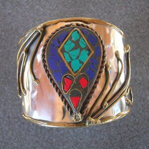 Wide Brass & Silver-Tone Cuff Bracelet With Mosaic Inlay Design SZ 7